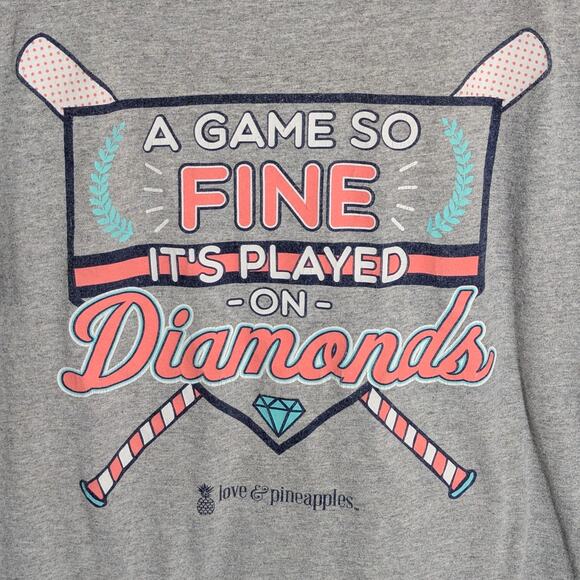 Love & Pineapples Large Gray Graphic T Shirt Diamonds Softball Baseball Sports - Picture 2 of 5